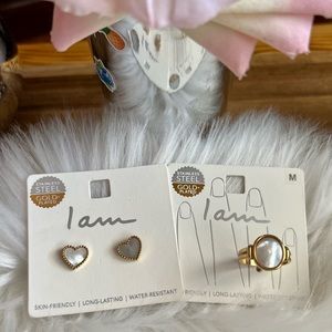 I Am Stainless Steel Gold Plated Heart Earring Studs and Circle Ring SzM